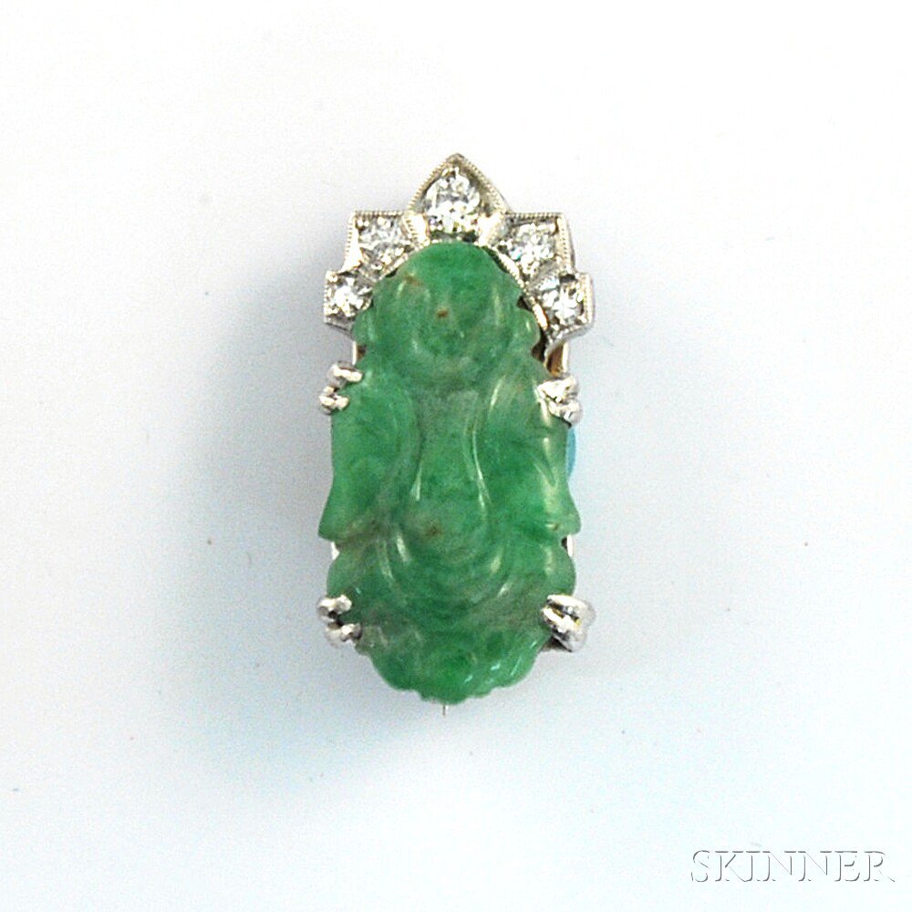 Appraisal: Small Art Deco-style Jade and Diamond Pin white gold mounts