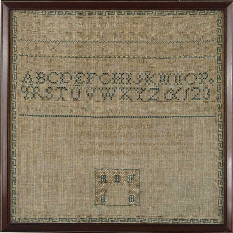 Appraisal: UNFINISHED NEEDLEWORK SAMPLER This square sampler has seven alphanumeric rows