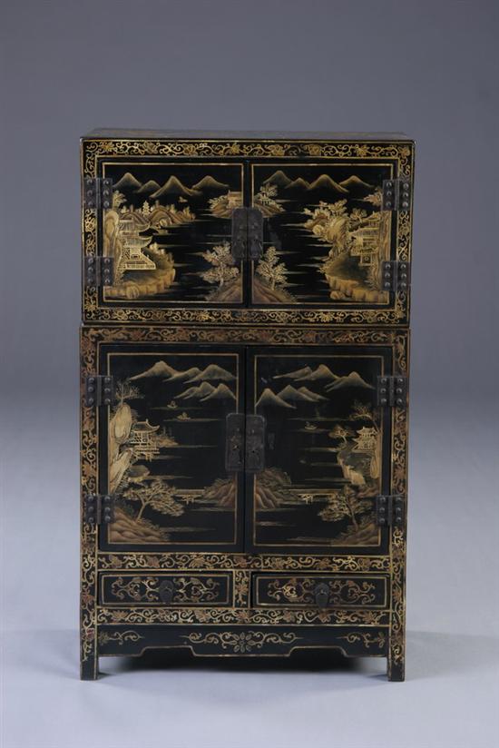 Appraisal: CHINESE BLACK AND GILT LACQUER CABINET In two sections with