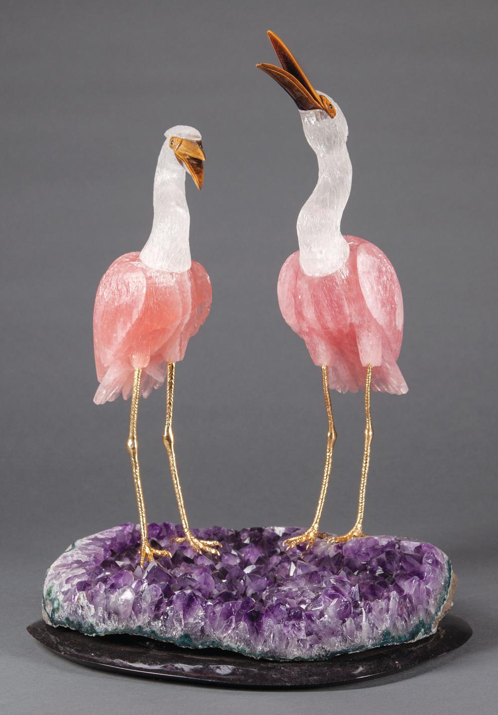 Appraisal: Amethyst Rose Quartz and Rock Crystal Flamingo Group each figure