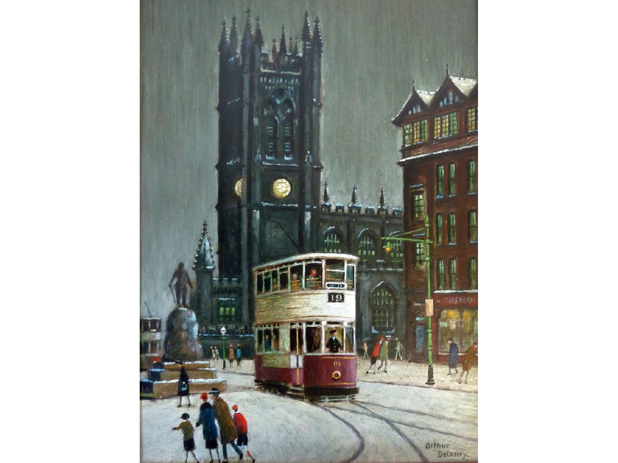 Appraisal: ARTHUR DELANEY - OIL PAINTING ON BOARD'Trams parking Manchester Cathedral