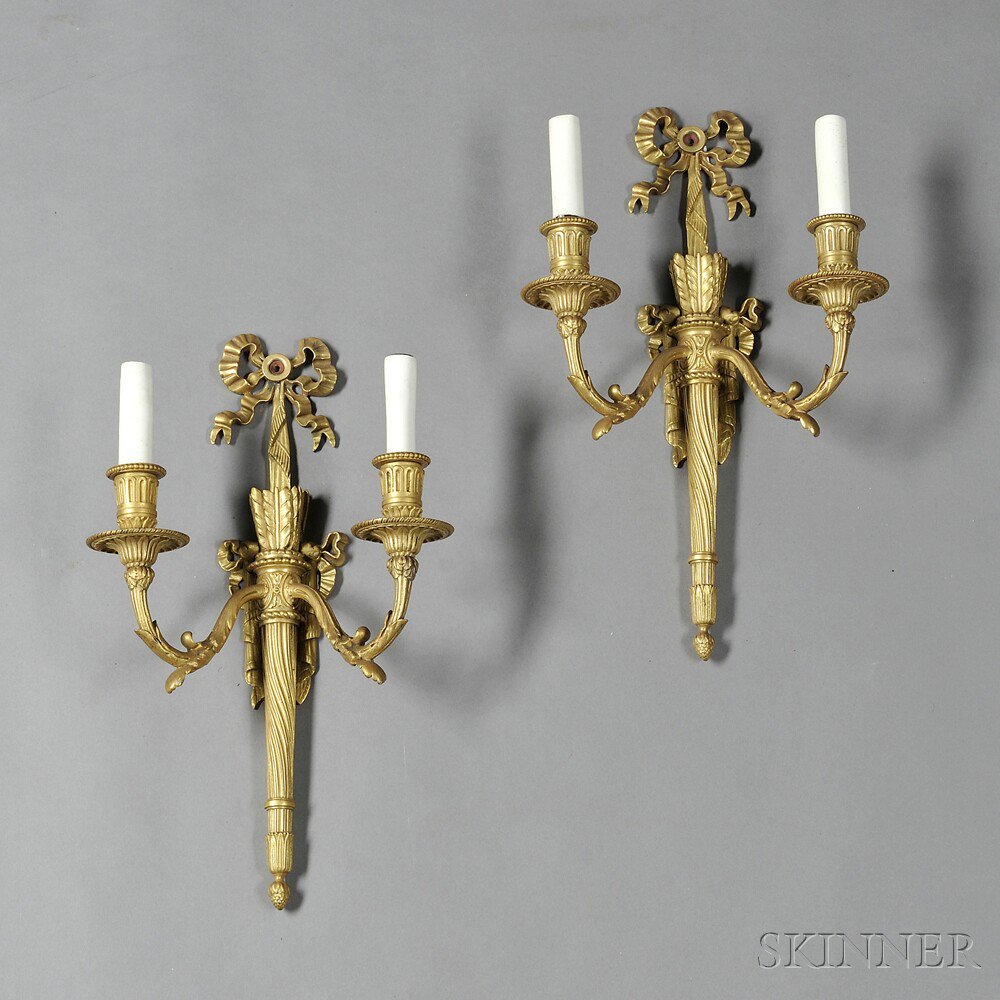 Appraisal: Pair of Louis XVI-style Gilt-bronze Two-light Wall Sconces France second