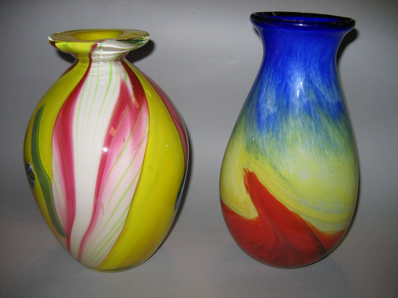 Appraisal: TWO BLOWN GLASS VASES Yellow with pink and white canes