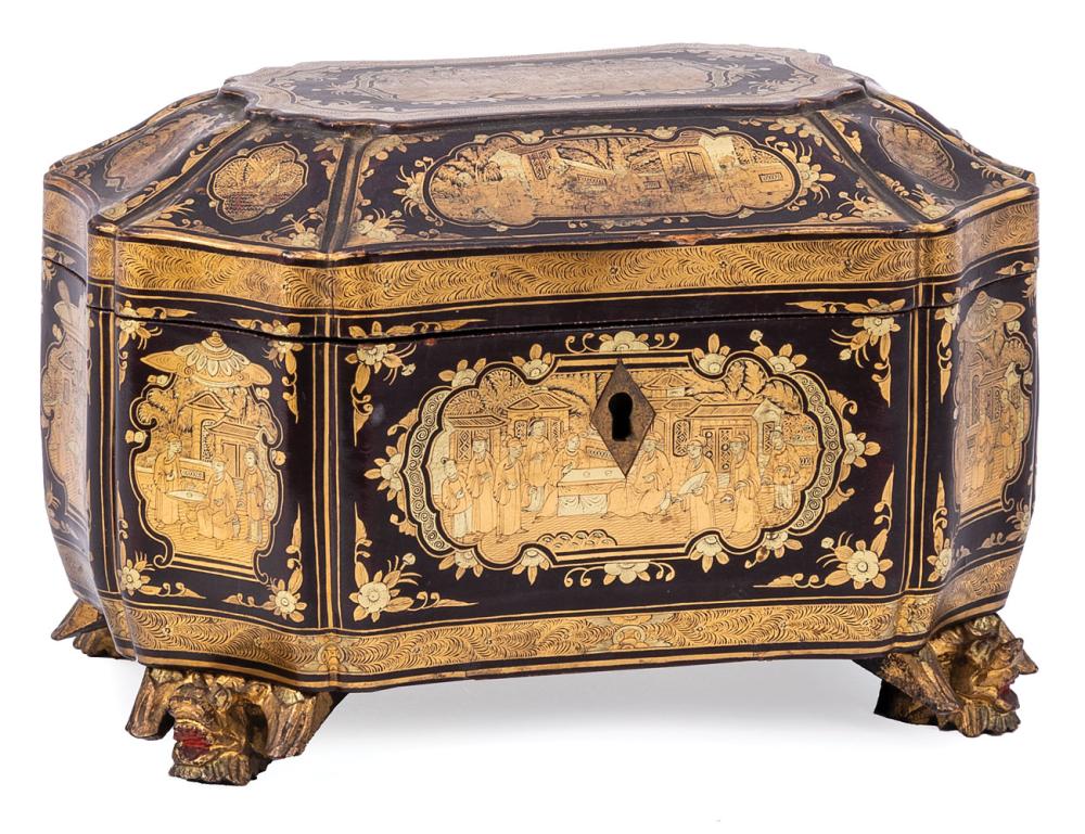 Appraisal: Chinese Export Gilt-Decorated Black Lacquer Tea Caddy th c octagonal