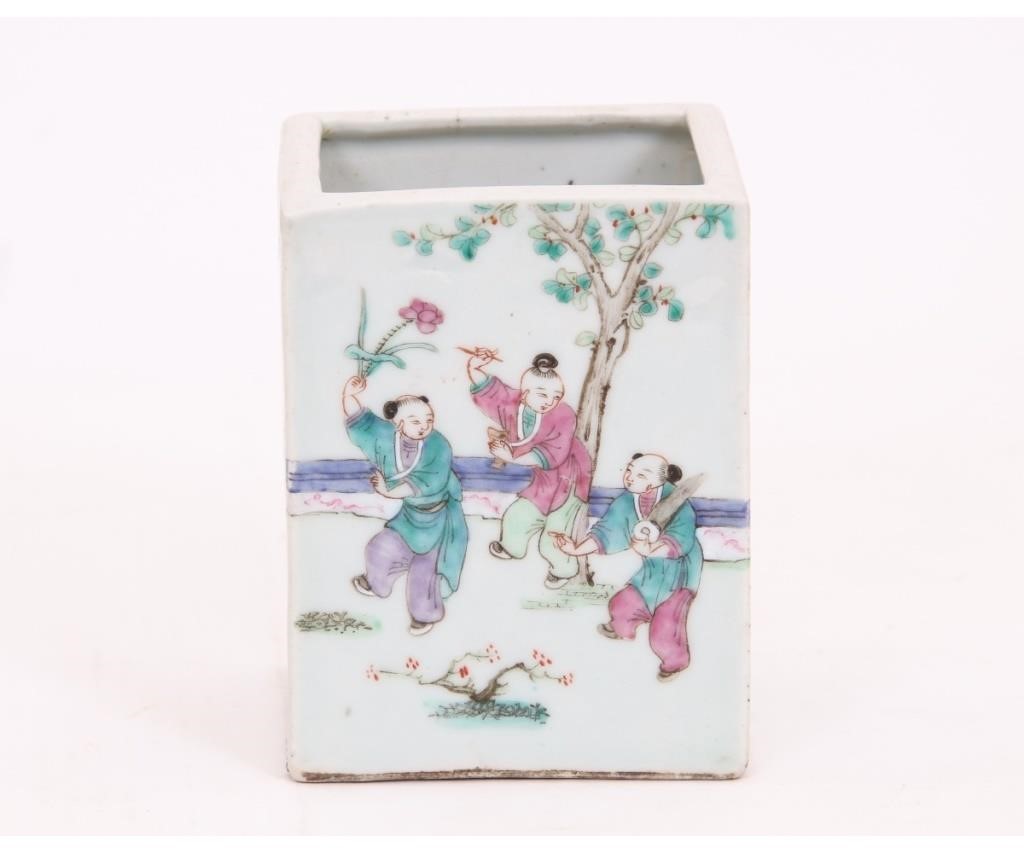 Appraisal: Square Chinese porcelain brush pot th c decorated with dancing