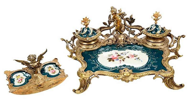 Appraisal: Louis XVI Style Gilt Bronze Porcelain Desk Set Continental late