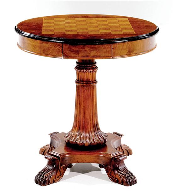 Appraisal: William IV style mixed wood game table circular molded top