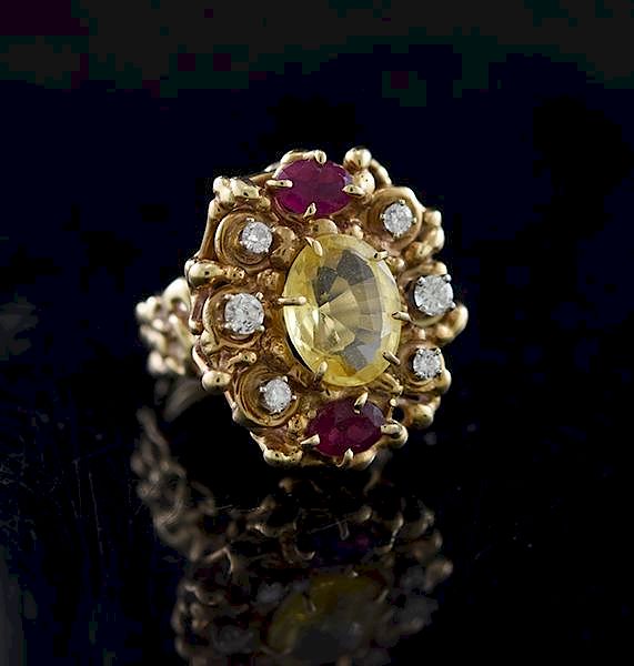 Appraisal: Citrine Ruby and Diamond Ring Yellow gold ring set with