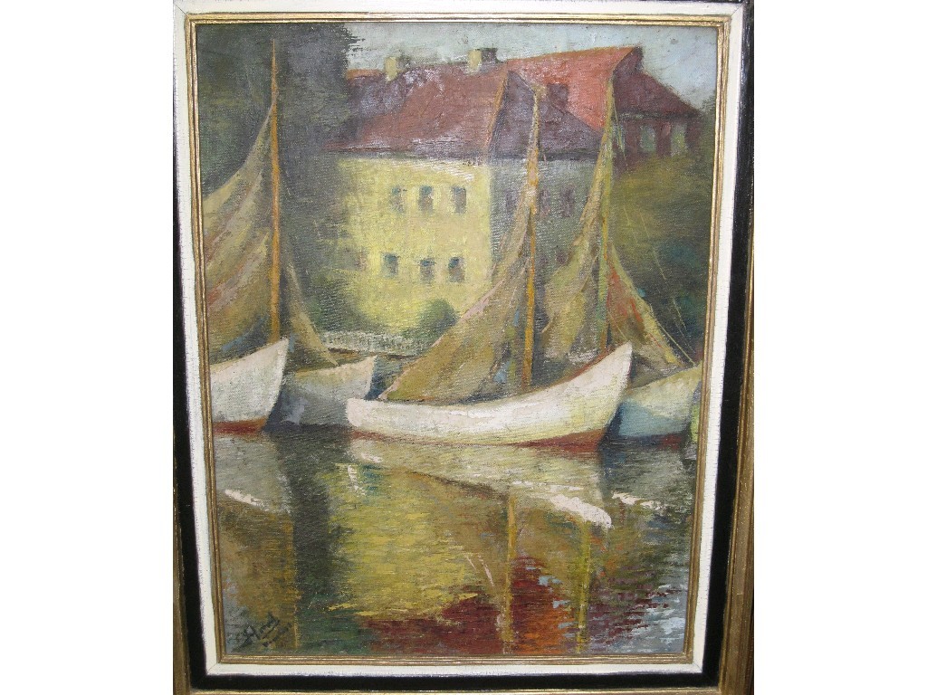 Appraisal: Oil on canvas harbour scene indistinctly signed