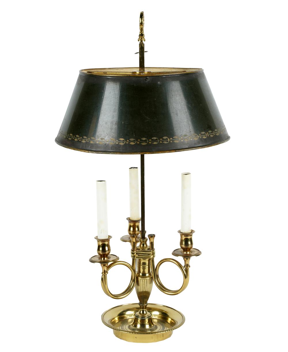 Appraisal: BOUILLOTTE LAMPthree lights with green-painted tole shade inches high Condition