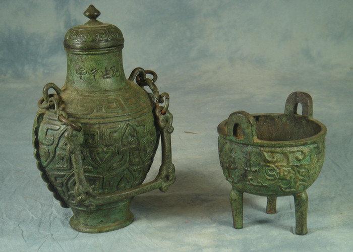 Appraisal: bronze Oriental vessels one a footed bowl in d the