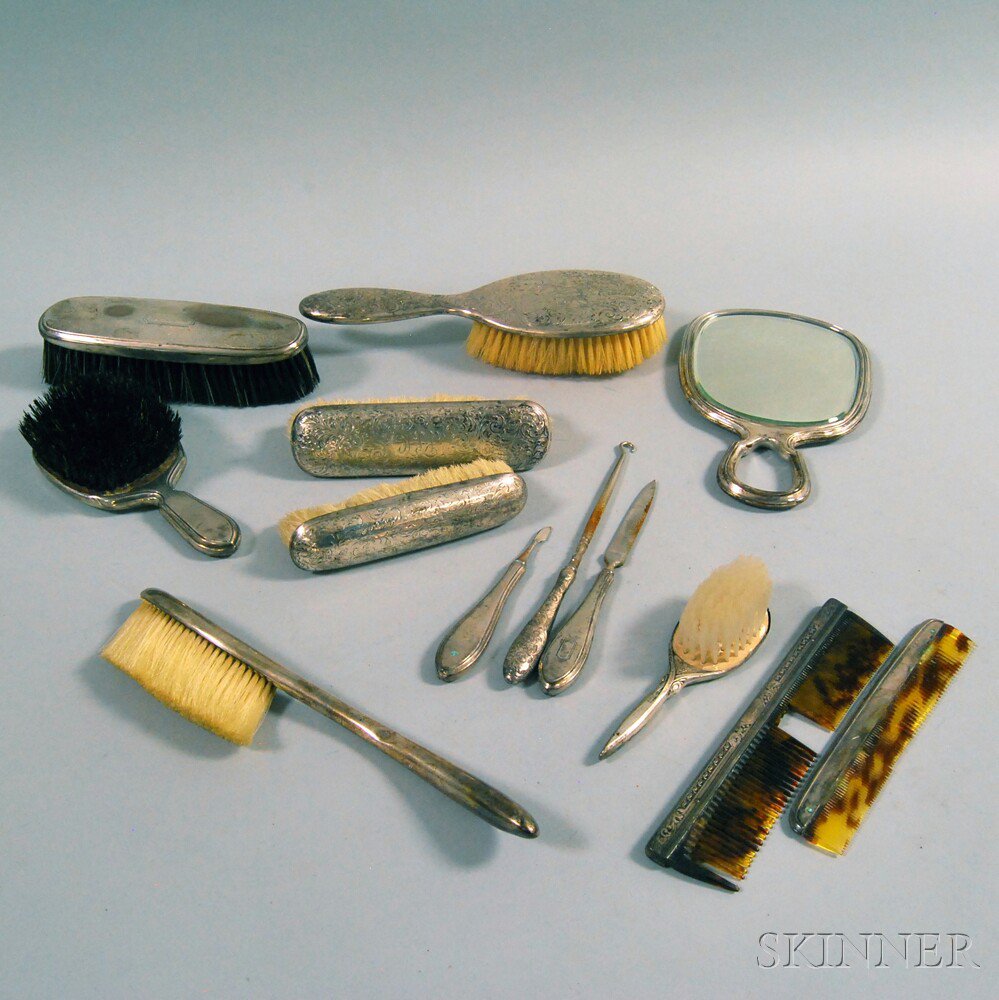 Appraisal: Assembled Group of Sterling Silver-mounted Dresser Items a Gorham hairbrush