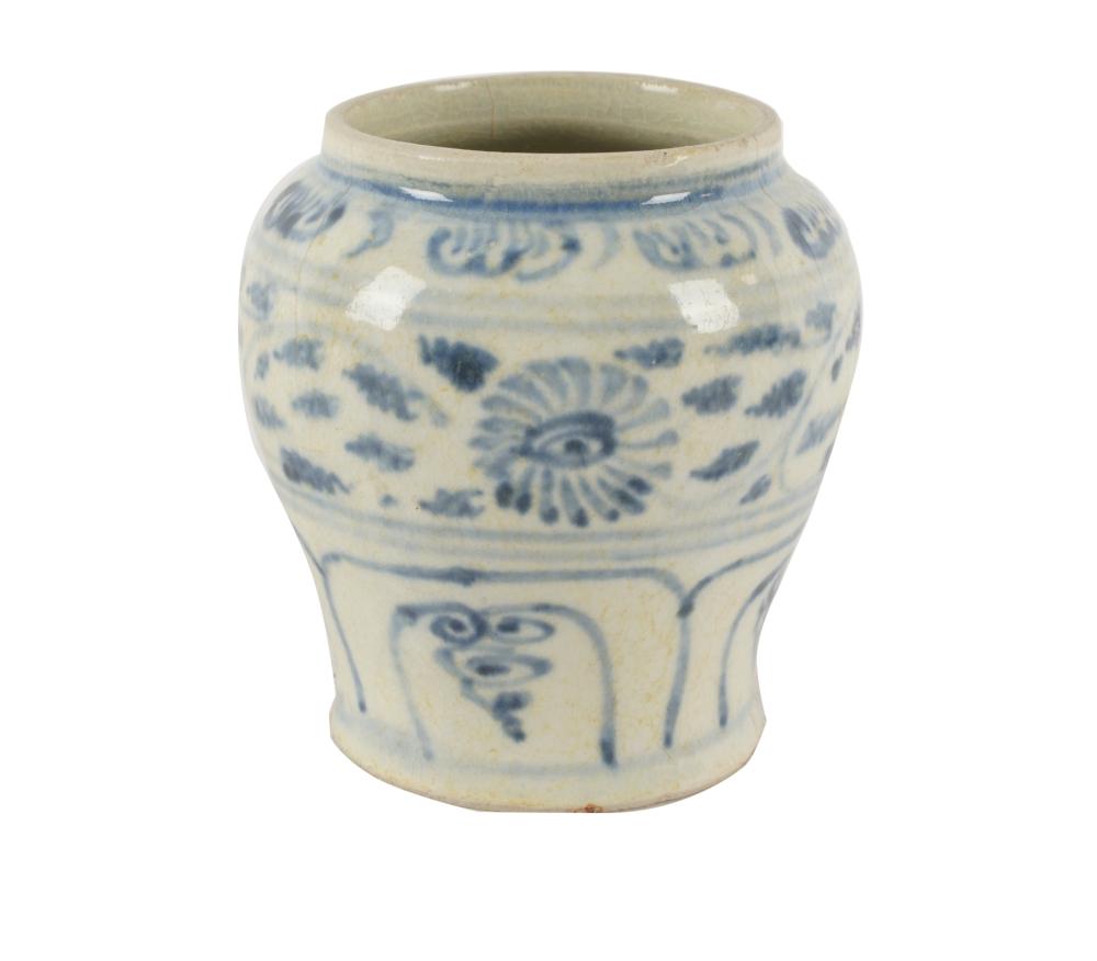 Appraisal: CHINESE BLUE WHITE PORCELAIN JARunmarked inches diameter inches high Condition