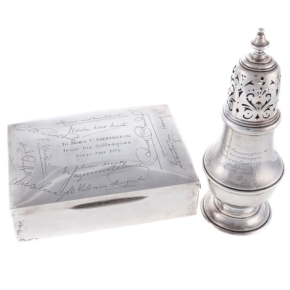 Appraisal: Two Pieces Commemorative Silver Hollowware Including a Portuguese box silver