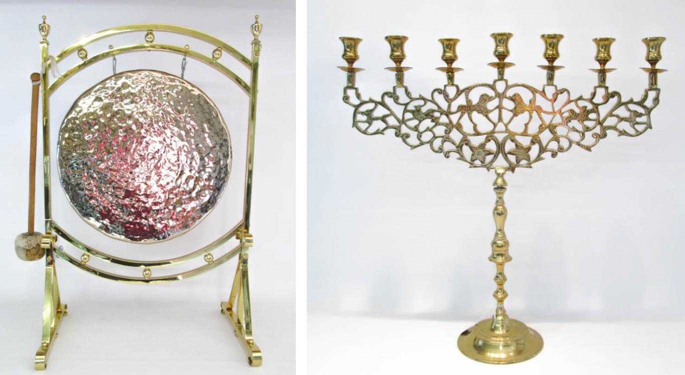 Appraisal: BRASS GONG AND CANDELABRUM featuring a diameter hammered brass gong