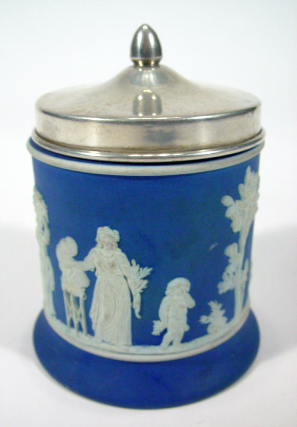 Appraisal: Wedgwood dark blue Jasperware preserve pot and a silver plated