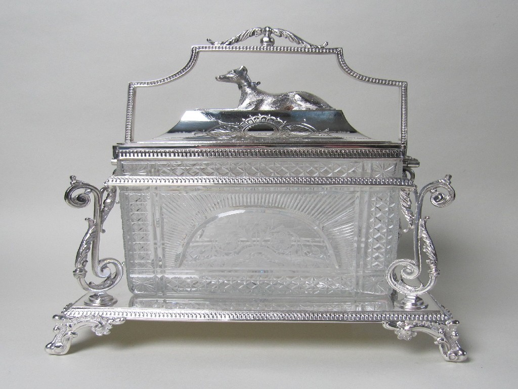 Appraisal: A Victorian electroplated cut glass and engraved biscuit box the