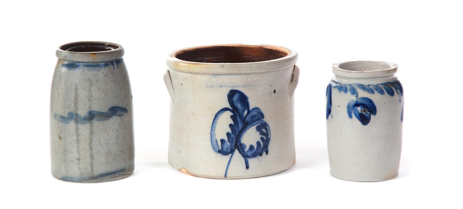 Appraisal: THREE STONEWARE JARS WITH FREEHAND COBALT DECORATION American nd half-