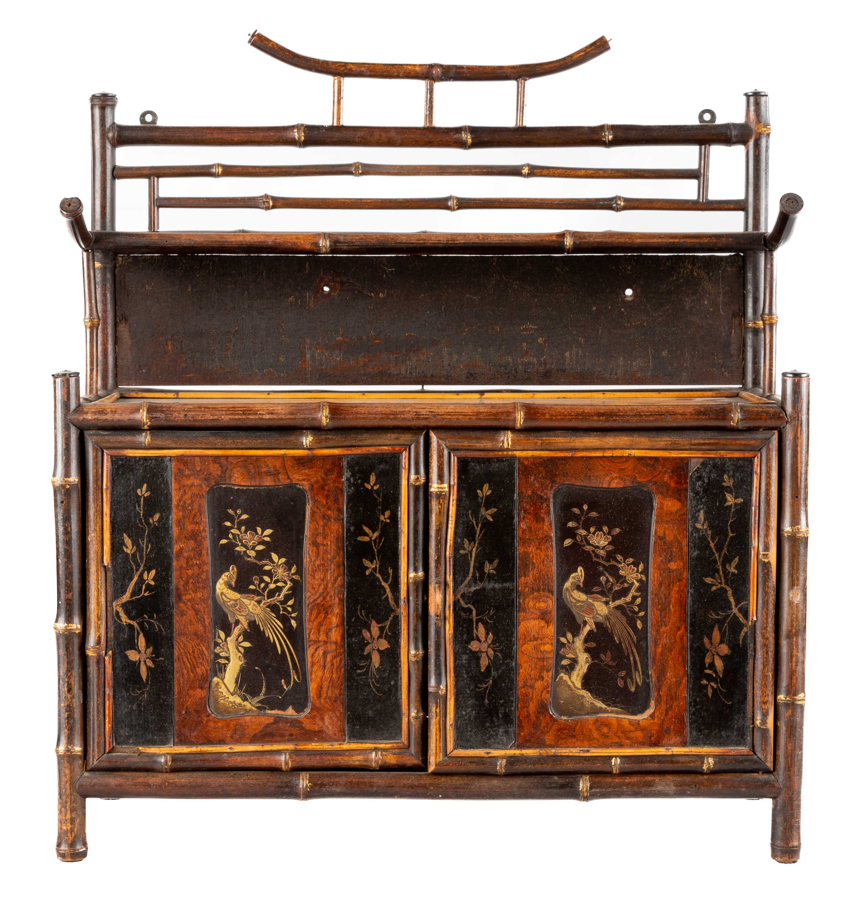 Appraisal: JAPANESE TABLETOP CABINET Early th century bamboo with hand painted