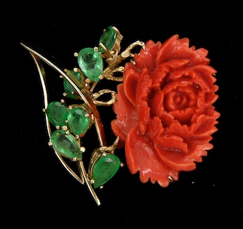 Appraisal: Italian Coral and Emerald Retro Rose Flower Brooch ca s