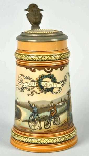 Appraisal: Mettlach Liter Pottery Stein No Boy riding a bicycle No