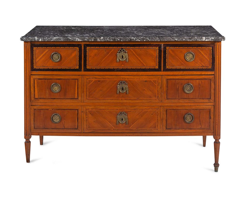 Appraisal: A Louis XVI Marquetry and Fruitwood Marble-Top Commode A Louis