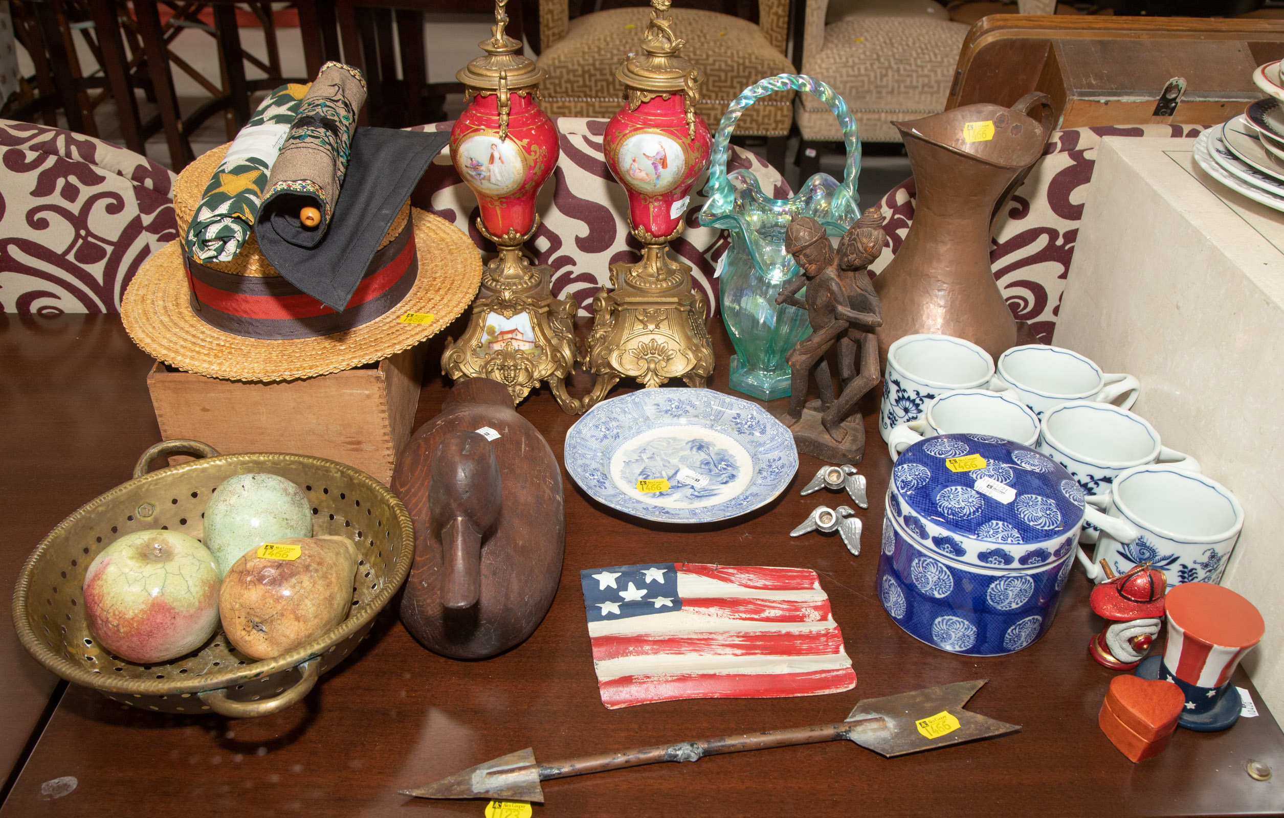 Appraisal: ASSORTED DECORATIVE ITEMS Includes decorative wood duck china hammered copper