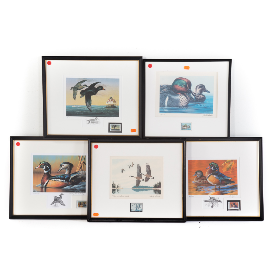 Appraisal: Group of five framed duck prints with stamps artists include