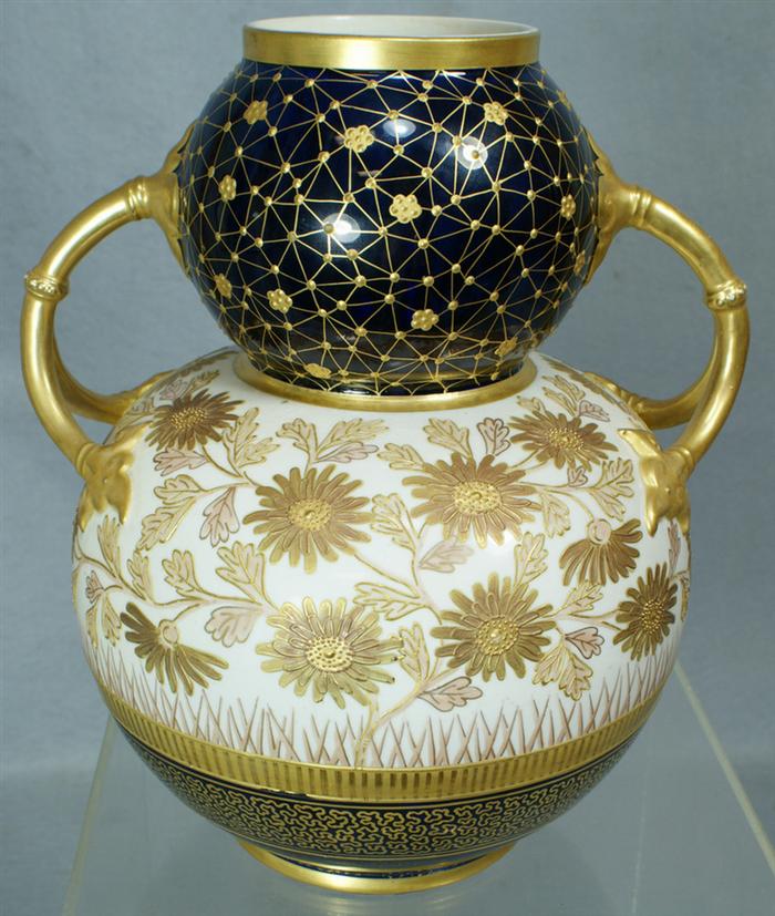 Appraisal: Gilded cobalt blue and ivory earthenware double gourd form vase