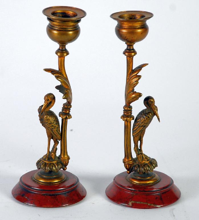 Appraisal: PAIR OF VICTORIAN AESTHETIC MOVEMENT GILT BRONZE CANDLESTICKS with campana