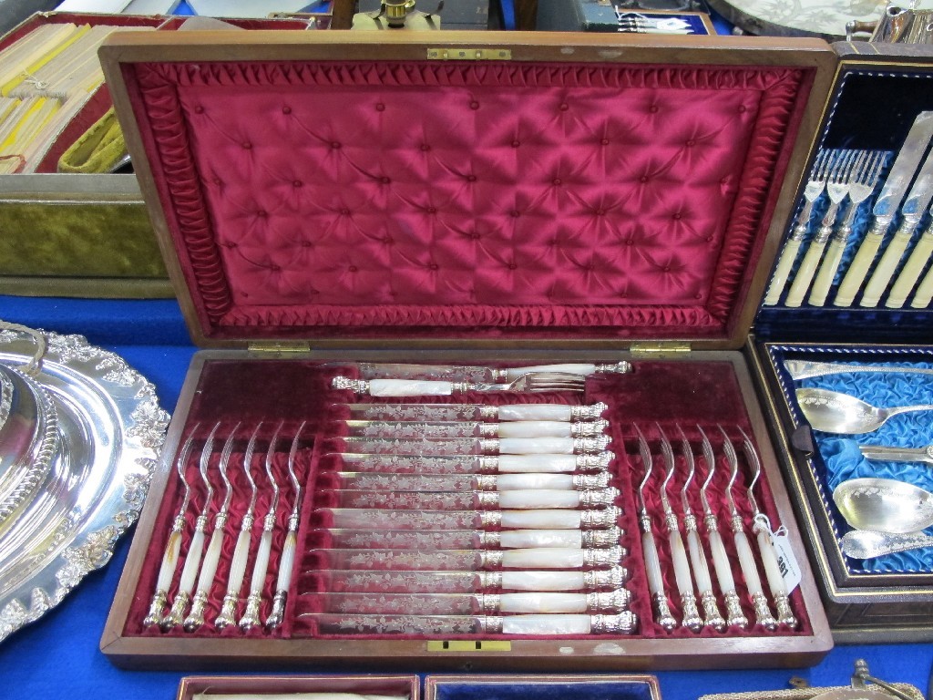 Appraisal: Cased piece mother of pearl and EP fruit cutlery set