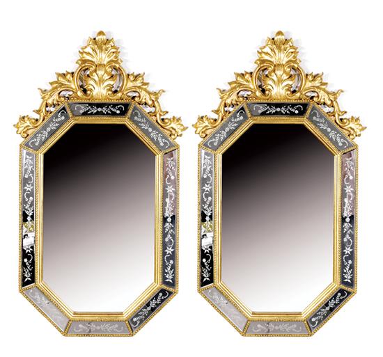 Appraisal: Pair Continental stenciled glass and gilded cushion mirrors C-scrolls and