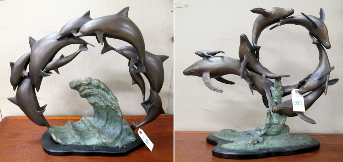 Appraisal: TWO BRONZE MARINE WILDLIFE SCULPTURES H pod of whales H