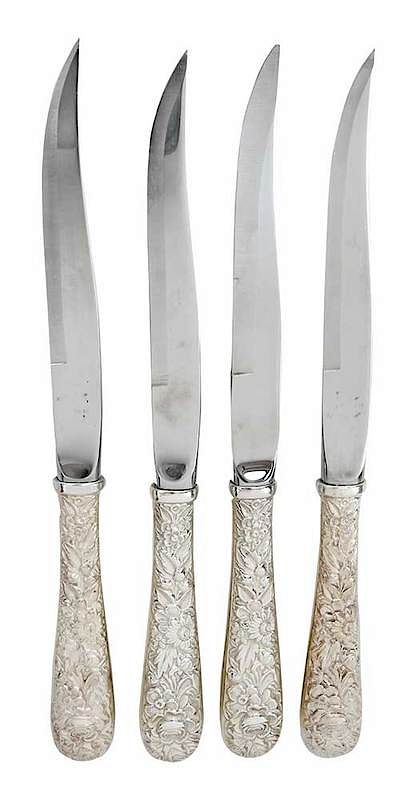 Appraisal: Kirk Repousse Sterling Steak Knives American th century hollow handles