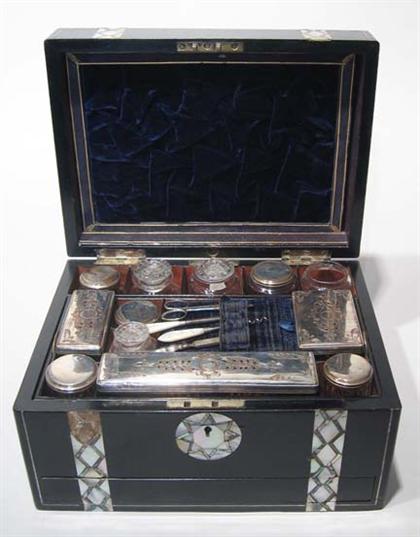 Appraisal: Victorian black lacquer and mother-of-pearl dressing case circa The case