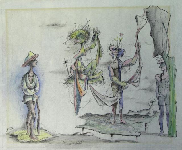 Appraisal: QUIRT Walter Ink and Colored Pencil on Paper Surrealist Figures