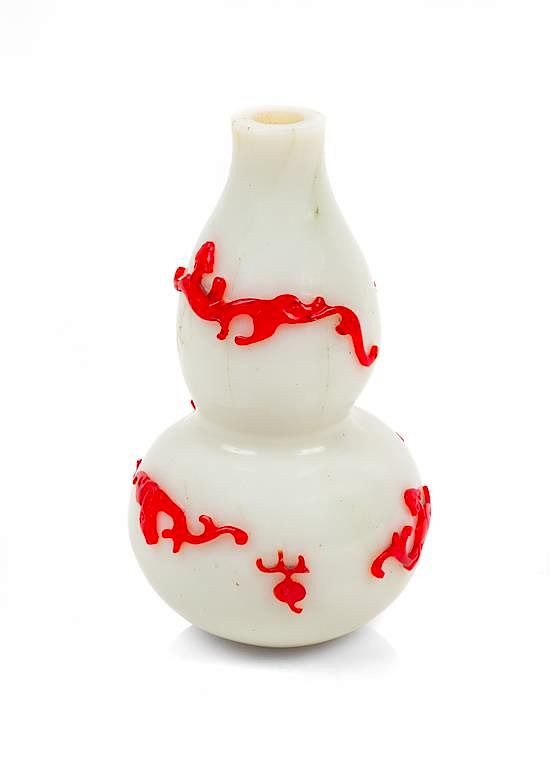 Appraisal: A Red Overlay White Glass Gourd-Form Bottle Vase Height inches