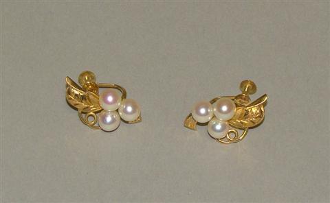 Appraisal: PAIR OF GOLD AND PEARL FLORAL SPRAY EAR CLIPS Stamped