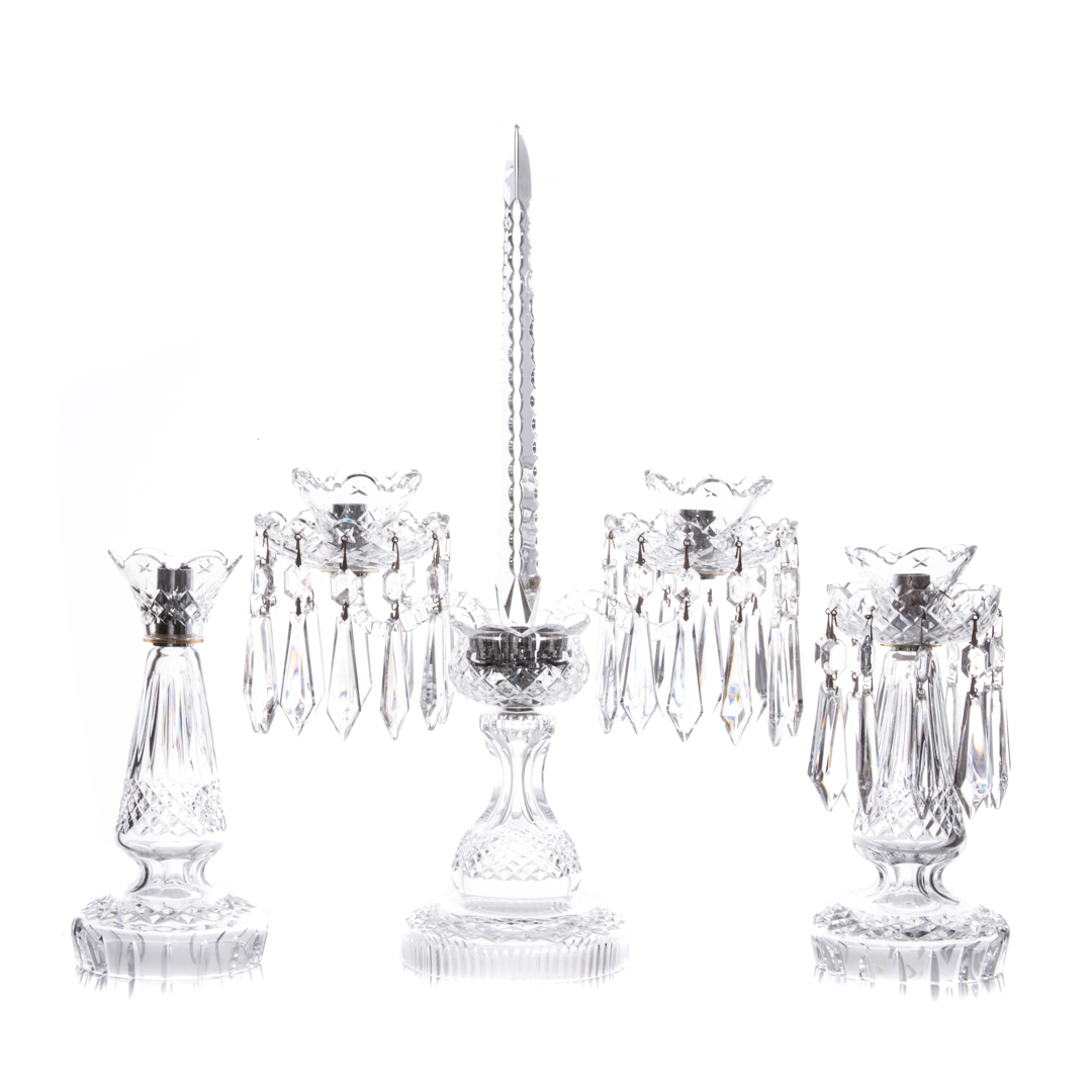 Appraisal: Waterford crystal candelabra pair candlesticks two-light candelabra with hanging prisms