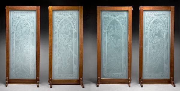 Appraisal: A set of four Art Nouveau style etched glass panels