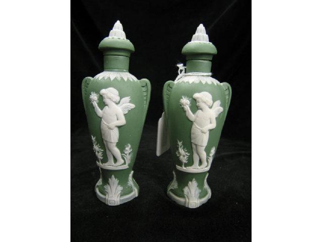 Appraisal: Pair of Shafer Vater Jasperware Perfume Bottles green porcelain with