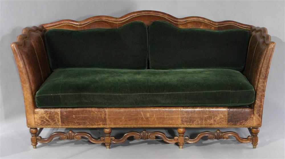 Appraisal: LEATHER AND GREEN MOHAIR VELVET SOFA WITH NAIL HEAD TRIM