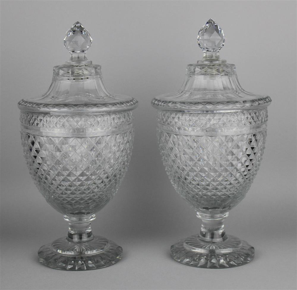 Appraisal: PAIR OF CUT GLASS SWEETMEAT JARS AND COVERS late th