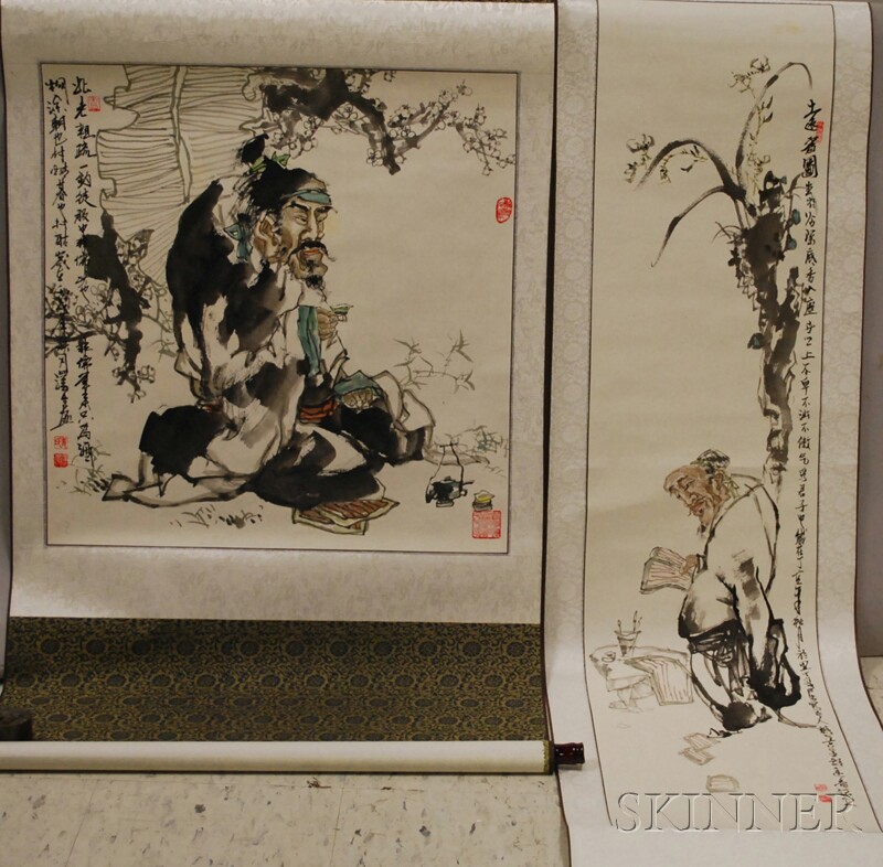 Appraisal: Two Chinese Ink and Watercolor on Paper Hanging Scrolls Depicting