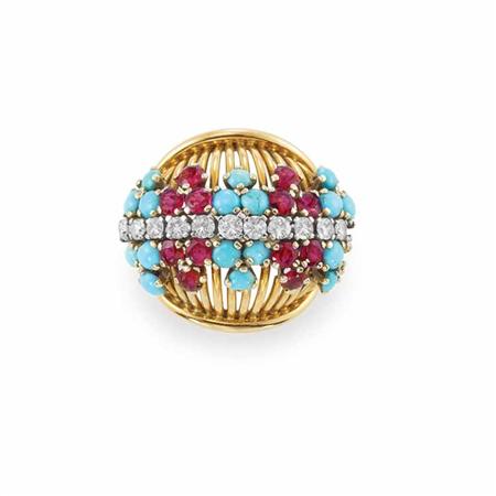 Appraisal: Gold Turquoise Ruby and Diamond Bombe Ring Estimate -