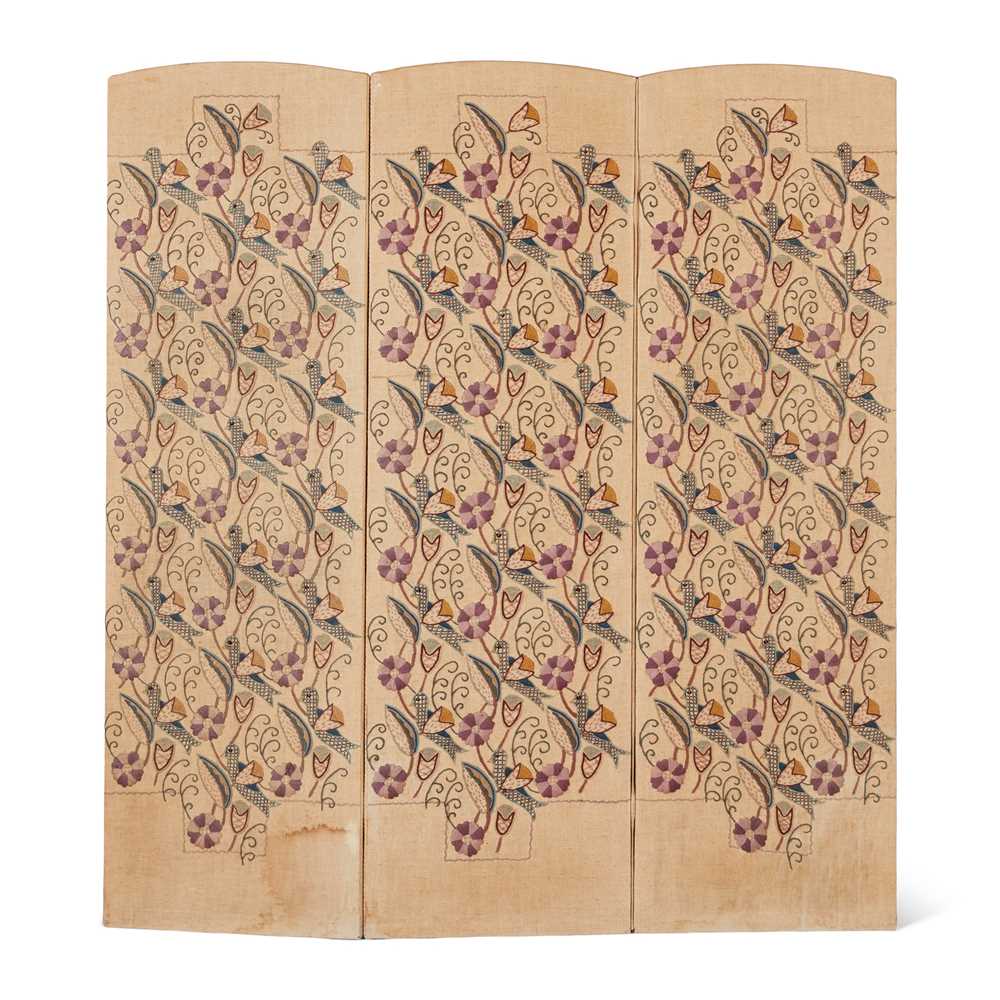 Appraisal: ENGLISH ARTS CRAFTS THREE-FOLD SCREEN CIRCA crewelwork embroidery wool threads