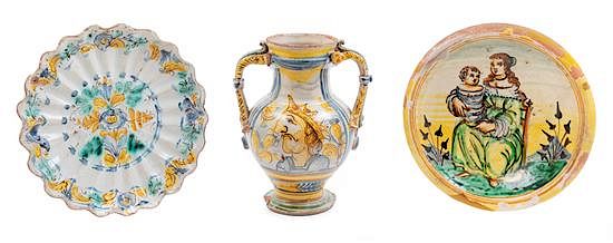 Appraisal: An Italian Majolica Handled Vase and Two Plates Height of