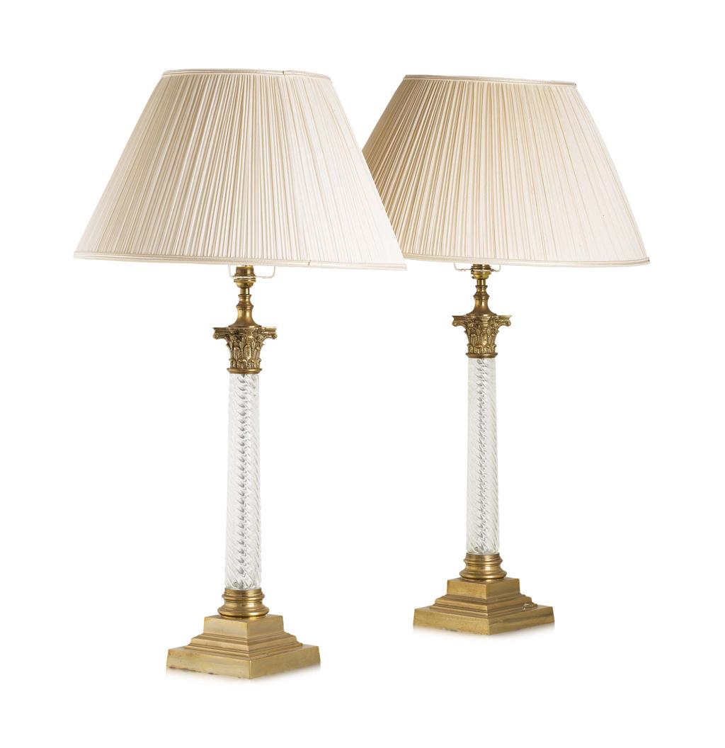 Appraisal: PAIR OF BRASS AND GLASS LAMPS TH CENTURY converted from