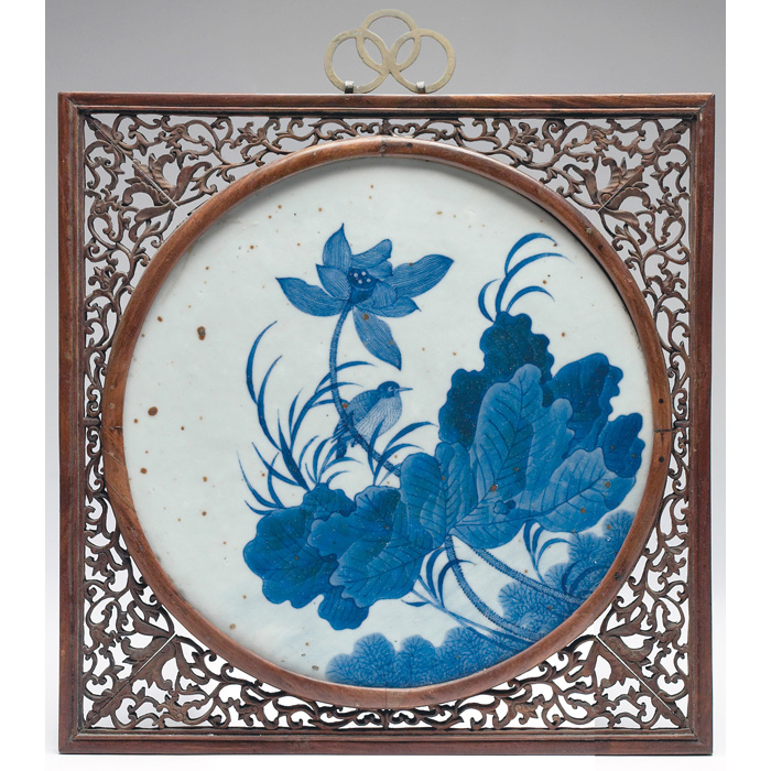 Appraisal: Chinese Export plaque decorated with blue flowers and grass on