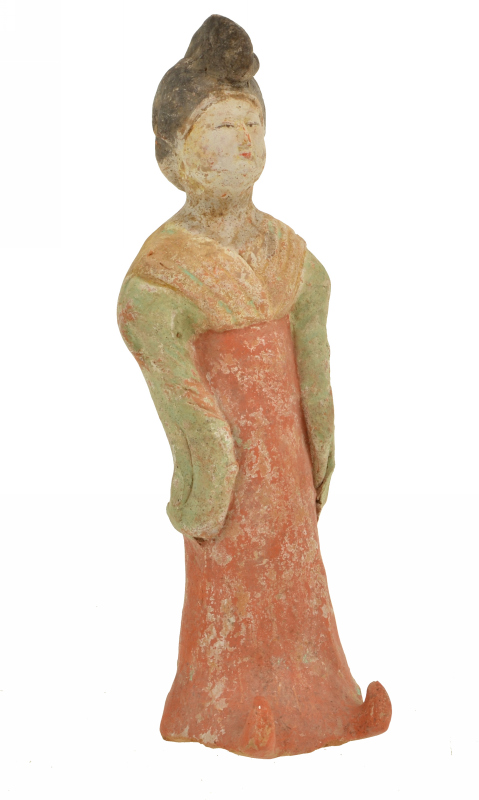 Appraisal: A CHINESE EARTHENWARE POTTERY FIGURE OF A STANDING COURT LADY